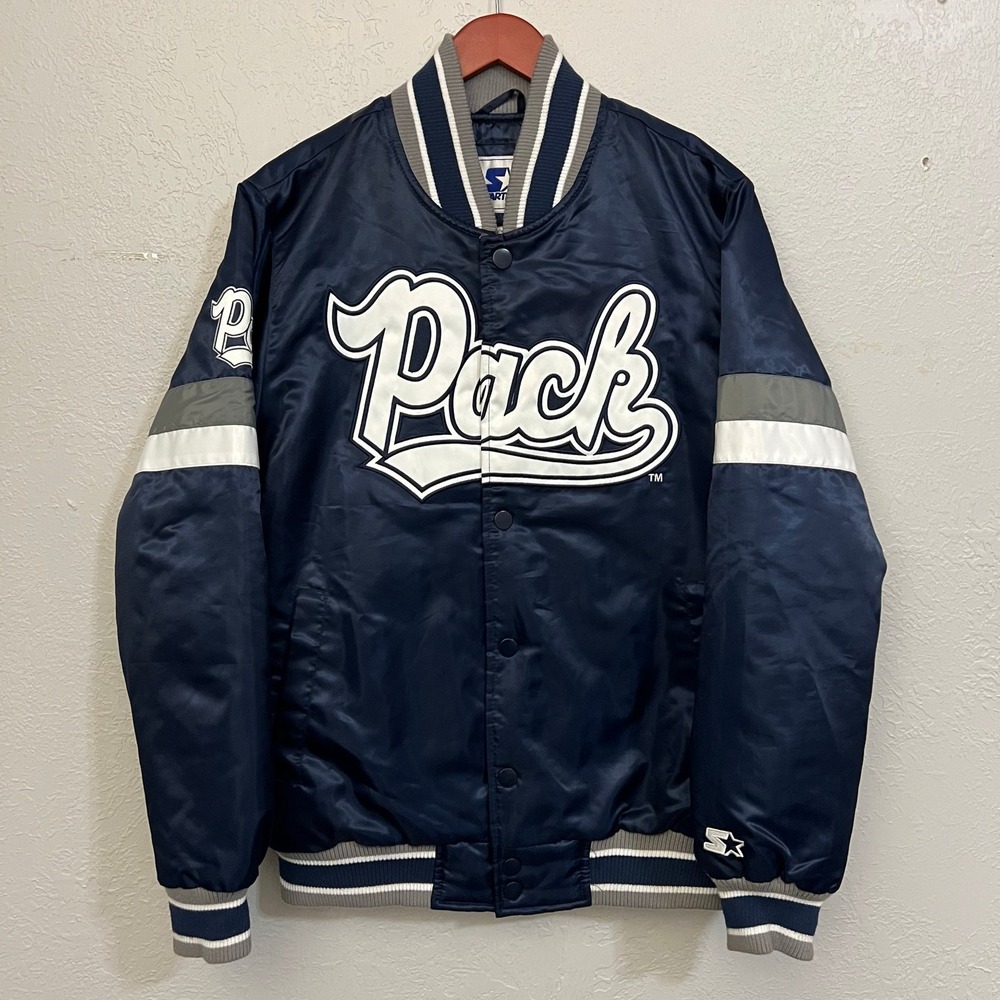 Starter Varsity Jacket Mens Medium Navy Nevada Wolf Pack‎ Satin Y2K Bomber